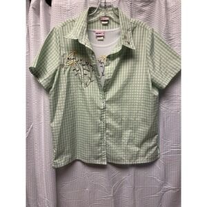 Vintage American Sweetheart Green White Gingham Embroidered Flowers Bees Large
